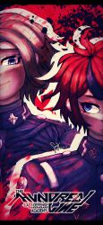 2boys ahoge aotsuki_eito black_border blue_eyes blue_hair border highres last_defense_academy_school_uniform looking_at_another looking_to_the_side male_focus messy_hair multicolored_eyes multicolored_hair multiple_boys outline red_eyes red_hair smile sumino_takumi the_hundred_line_-last_defense_academy- title white_hair white_outline