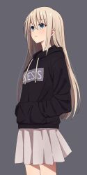 1girl blonde_hair blue_eyes character_request clothes_writing expressionless grey_background hair_between_eyes hands_in_pockets hood hood_down hoodie long_hair looking_to_the_side nose original pull_string simple_background skirt source_request yahiro_(epicopeiidae)