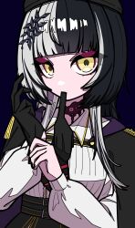 1girl absurdres alternate_costume black_cape black_gloves black_hair black_skirt cape epaulettes gloves grey_hair hashtag-only_commentary highres hololive hololive_english long_hair long_sleeves looking_at_viewer mouth_hold multicolored_hair shiori_novella shirt skirt solo split-color_hair two-tone_hair virtual_youtuber white_shirt yellow_eyes yuvur1