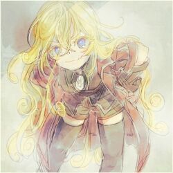 Rule 34 | 1girl, blonde hair, blue eyes, breasts, curly hair, eyelashes, feet in water, skin fang, jacket, legs, long hair, lyza (made in abyss), made in abyss, red jacket, red shorts, short sleeves, shorts, small breasts, thighhighs, very long hair, whistle, zettai ryouiki