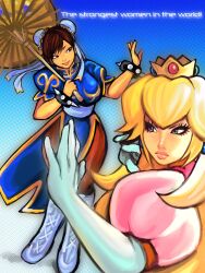 2girls blonde_hair blue_background blue_eyes bracelet brown_hair bun_cover capcom china_dress chinese_clothes chun-li ciel_(heartsynth) crossover crown double_bun dress gloves gradient_background hair_bun highres jewelry mario_(series) multiple_girls nintendo oil-paper_umbrella pantyhose princess_peach puffy_short_sleeves puffy_sleeves short_sleeves spiked_bracelet spikes street_fighter umbrella white_gloves