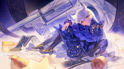1girl absurdres animal_ear_fluff animal_ears black_pantyhose black_shoes blue_bow blue_dress bow bullet closed_mouth commentary commission constellation_print dress fantasy full_body gun hair_ornament hairclip handgun highres huge_weapon long_hair looking_at_viewer looking_to_the_side lyuqiu original oversized_object pantyhose purple_hair revolver shoes solo star_(symbol) star_hair_ornament weapon yellow_eyes