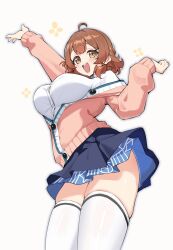 1girl :d absurdres ahoge arm_up black_overskirt blue_ribbon blue_skirt blush breasts brown_eyes brown_hair cardigan commentary_request dot_nose framed_breasts full_body gakuen_idolmaster gradient_hair hair_intakes hair_rings hanami_ume hand_up hatsuboshi_gakuen_school_uniform highres idolmaster large_breasts long_sleeves looking_at_viewer medium_hair miniskirt multicolored_hair neck_ribbon open_mouth pink_cardigan ribbon school_uniform shirt simple_background single_hair_ring skirt sleeves_past_wrists smile solo standing tamago_(eva1314056) teeth thick_thighs thighhighs thighs upper_teeth_only white_background white_shirt white_thighhighs zettai_ryouiki
