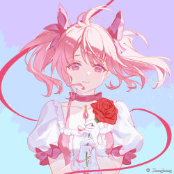 1girl absurdres artist_name blue_background bow bow_choker breasts bubble_skirt chinese_commentary choker closed_mouth collarbone copyright_logo dot_nose dress drill_hair eyelashes floating_hair flower frilled_sleeves frills gem gloves hair_between_eyes hair_bow hair_ribbon hands_up highres holding holding_flower jiangkeng kaname_madoka kaname_madoka_(magical_girl) looking_at_viewer magical_girl mahou_shoujo_madoka_magica mahou_shoujo_madoka_magica_(anime) pink_bow pink_dress pink_eyes pink_gemstone pink_hair puffy_short_sleeves puffy_sleeves red_choker red_flower red_ribbon red_rose ribbon ribbon_choker rose short_hair short_sleeves short_twintails sidelocks simple_background skirt small_breasts smile solo soul_gem square_neckline tareme three-toned_background twintails upper_body white_gloves white_sleeves