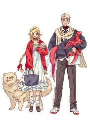 1boy 1girl alternate_costume bag blonde_hair choker collarbone contemporary dog dollyadayo dress dungeon_meshi falin_touden full_body green_eyes handbag highres jacket laios_touden long_hair marcille&#039;s_familiar marcille_donato necktie open_mouth pointy_ears red_dragon_(dungeon_meshi) scarf shoes shopping_bag short_hair smile sneakers socks standing stuffed_toy white_background yellow_eyes