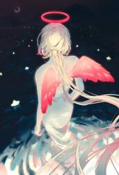 1girl arm_at_side blonde_hair covered_face dark_background dress full_body halo highres long_dress long_hair moon original pinlin red_halo red_wings standing standing_on_liquid star_(symbol) very_long_hair white_dress wings