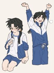 Rule 34 | 1girl, arm support, arms up, blue jacket, blue pants, blue shorts, blush, bottle, chinese track school uniform, closed eyes, cropped legs, feet out of frame, grey background, grey eyes, highres, holding, holding bottle, invisible chair, jacket, liang yue (reverse:1999), looking at viewer, low twintails, multicolored jacket, multiple views, open clothes, open jacket, open mouth, pants, puff of air, reverse:1999, school uniform, shirt, shorts, sitting, sleepy, sweat, track jacket, twintails, two-tone jacket, white jacket, white shirt, yang miemie benti, yawning