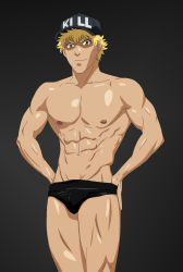 Rule 34 | abs, blonde hair, hataraku saibou, highres, killer t (hataraku saibou), male focus, muscular, muscular male, nipples, sexyanimes, underwear, yellow eyes
