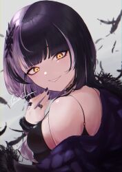 1girl black_dress black_hair black_nails breasts coat commentary dress english_commentary feathers fur-trimmed_coat fur_trim grey_background grey_hair highres hololive hololive_english jewelry long_hair looking_at_viewer multicolored_hair purple_coat ring shiori_novella shiori_novella_(1st_costume) signature small_breasts solo split-color_hair towofuya two-tone_hair virtual_youtuber yellow_eyes