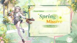 1girl aqua_hair bag black_hairband black_sailor_collar black_shoes black_skirt bouquet character_name english_text firefly_(honkai:_star_rail) firefly_(spring_missive)_(honkai:_star_rail) flower full_body gradient_hair grey_hair hairband highres holding holding_bag holding_bouquet honkai:_star_rail honkai_(series) loafers long_hair long_sleeves looking_at_viewer multicolored_hair official_alternate_costume official_art open_mouth sailor_collar school_uniform shirt shoes skirt smile solo standing standing_on_one_leg thighhighs white_shirt white_thighhighs zettai_ryouiki