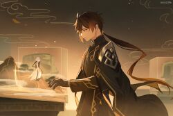 Rule 34 | 1boy, absurdres, black cape, black gloves, black hair, black robe, brown hair, cape, changpao, chinese clothes, commentary, cowboy shot, display case, english commentary, figure, from side, genshin impact, gloves, hair between eyes, highres, light particles, long hair, long sleeves, looking down, low ponytail, male focus, mountain, museum, official alternate costume, parted lips, ponytail, profile, reaching, robe, shoulder guard, single sidelock, sora2396, xiangyun, yellow eyes, zhongli (archon) (genshin impact), zhongli (genshin impact), zhongli (lantern rite) (genshin impact)
