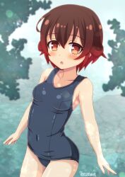 Rule 34 | 1girl, alternate costume, blue one-piece swimsuit, breasts, brown eyes, brown hair, covered navel, gradient hair, highres, kantai collection, multicolored hair, mutsuki (kancolle), old school swimsuit, one-piece swimsuit, ootori (kyoya-ohtori), open mouth, red hair, reflection, reflective water, river, school swimsuit, short hair, small breasts, solo, swimsuit, water