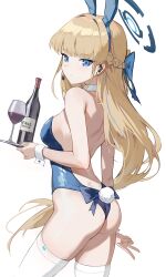 1girl absurdres animal_ears bare_shoulders blonde_hair blue_archive blue_eyes bottle braid breasts cup detached_collar drinking_glass expressionless fake_animal_ears fang5hine from_side halo highres leotard long_hair looking_at_viewer microphone playboy_bunny rabbit_ears rabbit_tail skindentation small_breasts solo standing tail thighhighs toki_(blue_archive) toki_(bunny)_(blue_archive) v very_long_hair white_background white_thighhighs wine_bottle wine_glass