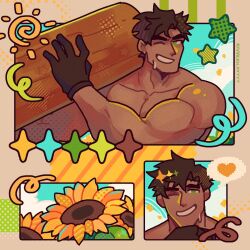 1boy alex_(stardew_valley) artist_name bara black_gloves brown_hair collage collarbone dark-skinned_male dark_skin flower gloves green_eyes grin heart highres kapalkilayyyy looking_at_viewer male_focus multiple_views muscular muscular_male one_eye_closed polka_dot short_hair smile spoken_heart star_(symbol) stardew_valley sunflower teeth yellow_flower