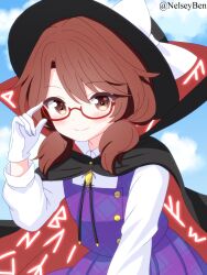 1girl adjusting_eyewear black_cape blue_sky blush bnelsey bow brown_eyes brown_hair cape closed_mouth cloud collared_shirt commentary day english_commentary glasses gloves hat hat_bow long_hair long_sleeves looking_at_viewer low_twintails paid_reward_available plaid_clothes plaid_skirt purple_skirt purple_vest red-framed_eyewear red_cape runes semi-rimless_eyewear shirt skirt sky smile solo touhou twintails twitter_username two-sided_cape two-sided_fabric under-rim_eyewear usami_sumireko vest white_gloves white_shirt