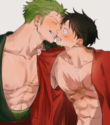 2boys abs bare_pectorals biting biting_another&#039;s_lip black_eyes black_hair closed_eyes clothes_grab coat couple facial_scar gohan_ooo green_coat green_hair grey_background haramaki looking_at_another male_focus monkey_d._luffy multiple_boys nipples one_piece open_clothes open_shirt pectorals red_sash red_shirt roronoa_zoro sash scar scar_on_cheek scar_on_chest scar_on_face shirt short_hair sideburns simple_background smile surprised sweat upper_body yaoi