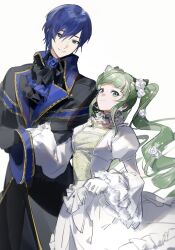 1boy 1girl aristocratic_clothes ascot black_ascot black_coat black_gloves black_pants black_shirt blue_ascot blue_eyes blue_flower blue_hair blue_rose blunt_bangs bokyo breasts cantarella_(vocaloid) closed_mouth coat collar collared_coat detached_collar dress drill_hair flower frilled_collar frilled_dress frilled_sleeves frills gloves green_eyes green_hair hair_between_eyes hair_flower hair_ornament hand_on_another&#039;s_arm hatsune_miku hatsune_miku_(rosa_bianca) head_tilt highres juliet_sleeves kaito_(rosa_blue)_(vocaloid) kaito_(vocaloid) long_coat long_hair long_sleeves looking_at_viewer official_alternate_costume pants project_diva_(series) project_diva_f_2nd puffy_sleeves rose shirt short_hair sidelocks sketch small_breasts smile twin_drills two-tone_ascot very_long_hair vocaloid white_background white_collar white_dress white_flower white_gloves white_rose