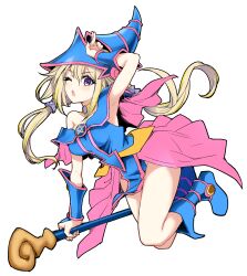 1girl arm_up armpits blonde_hair blue_boots blue_dress blue_hat blush boots breasts commentary_request cosplay dark_magician_girl dark_magician_girl_(cosplay) dress full_body hair_between_eyes hair_tubes hat highres holding holding_staff ieiri_popo jyaco looking_at_viewer medium_breasts multicolored_hair nanashi_inc. one_eye_closed open_mouth pentagram purple_eyes short_hair_with_long_locks sidelocks simple_background solo staff streaked_hair transparent_background virtual_youtuber wizard_hat yu-gi-oh!