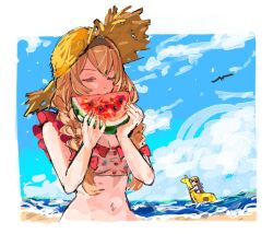 2girls 9urodine :d bare_arms bare_shoulders beach bikini bird black_hairband blue_bikini blue_sky border bow braid breasts brown_hair cleavage closed_eyes cloud day eating fingernails floral_print food frilled_bikini frills fruit hair_bow hairband hands_up hat highres holding holding_food holding_fruit holding_watermelon inflatable_toy low_twin_braids low_twintails medium_breasts multicolored_bikini multiple_girls nail_polish navel necktie ocean official_alternate_costume official_alternate_hairstyle open_mouth orange_necktie outdoors outside_border print_bikini purple_bow red_bikini red_bow saijou_claudine shoujo_kageki_revue_starlight shoujo_kageki_revue_starlight_-re_live- sky smile stomach straw_hat sun_hat sunglasses swimsuit tendou_maya twin_braids twintails two-tone_bikini upper_body watermelon watermelon_slice wet white_bikini white_border