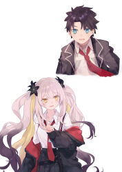 1boy 1girl absurdres black_hair black_jacket blue_eyes blush collared_shirt daisi_gi fate/grand_order fate_(series) flower fujimaru_ritsuka_(male) gradient_hair grey_hair grey_skirt hair_flower hair_ornament highres jacket long_hair long_sleeves marie_antoinette_(fate) marie_antoinette_alter_(fate) multicolored_hair multicolored_jacket necktie off_shoulder open_mouth red_jacket school_uniform shirt short_hair sidelocks skirt suspender_skirt suspenders two-tone_jacket white_hair white_shirt yellow_eyes
