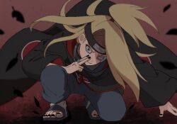 1boy akatsuki_uniform artificial_eye black_coat black_nails blonde_hair blue_eyes coat deidara_(naruto) forehead_protector iwagakure_symbol jewelry kooda leaf long_hair long_sleeves looking_at_viewer male_focus mechanical_eye naruto_(series) naruto_shippuuden open-toe_shoes ring smile solo squatting