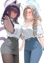 2girls absurdres alternate_costume asuna_(blue_archive) bare_shoulders black_choker black_pantyhose blue_archive blue_eyes blue_halo blue_pants blue_ribbon blue_scrunchie blush breasts brown_hair choker closed_mouth dark-skinned_female dark_skin denim grey_skirt hair_ornament hair_over_one_eye hair_ribbon halo hand_up highres jeans karin_(blue_archive) kono_(xerondan321) large_breasts looking_at_another looking_at_viewer mole mole_on_breast multiple_girls off_shoulder one_eye_covered paid_reward_available pants pantyhose purple_hair purple_halo ribbon scrunchie shirt shirt_tucked_in simple_background skirt smile turtleneck white_background white_shirt wrist_scrunchie yellow_eyes