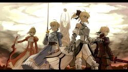 4girls ahoge alternate_hairstyle armor artist_request artoria_pendragon_(fate) back berserker_(fate/zero) black_bar blonde_hair breasts cloud cloudy_sky creature doppelganger dress extra_eyes fate/zero fate_(series) gauntlets green_eyes medium_breasts multiple_eyes multiple_girls nero_claudius_(fate) orb ponytail saber_alter saber_lily serious signature skirt sky sword weapon yellow_eyes