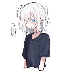 Rule 34 | ..., 1girl, ahoge, azuma shino, black shirt, blue eyes, closed mouth, collarbone, commentary, flat chest, lowres, nowareno (azuma shino), original, pointy ears, ponytail, shirt, simple background, solo, spoken ellipsis, t-shirt, upper body, white background, white hair