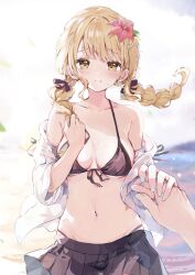 1boy 1girl absurdres beach bikini black_bikini black_skirt blonde_hair blush braid breasts collarbone commentary_request fingernails floating_hair flower front-tie_bikini_top front-tie_top fujita_kotone gakuen_idolmaster groin hair_flower hair_ornament highres holding_hands idolmaster jacket long_hair looking_at_viewer medium_breasts nail_polish navel nyorotono_(amafurashi) outdoors pleated_skirt pov pov_hands skirt smile stomach swimsuit twin_braids white_jacket yellow_eyes