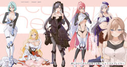 1girl aqua_hair belt beret black_bra black_dress black_gloves black_hair black_thighhighs blonde_hair bob_cut bodysuit boots bra bracelet breasts brown_hair clothes_lift clothes_pull clothing_cutout comparison curly_hair dress dress_lift elbow_gloves floral_print frilled_dress frilled_sleeves frills gloves gothic_lolita gradient_hair hair_between_eyes hair_over_one_eye half-skirt hamu_(plot_sy) hand_on_own_arm hand_on_own_chest hand_on_own_thigh hat high_heels high_ponytail highres jewelry kneeling kono_cosplay_onee-san_wa_boku_senyou_rashii layered_dress lifting_own_clothes lolita_fashion long_hair maid_headdress miyoshi_hiyori multi-strapped_panties multicolored_hair multiple_views navel no_bra novel_illustration official_art panties parted_bangs parted_lips partially_unzipped pink_background pink_hair pleated_skirt ponytail purple_eyes purple_hair raised_inner_eyebrows rose_print shirt shirt_lift shoulder_cutout shy simple_background skirt skirt_pull standing strapless strapless_dress string_panties thigh_boots thigh_strap thighhighs third-party_source twintails two-tone_background underboob underwear unworn_clothes very_long_hair waist_ribbon white_background white_bodysuit white_dress white_shirt wide_hips wig