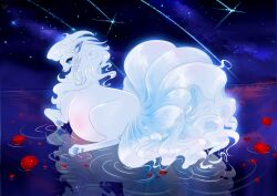 Rule 34 | 1girl, alolan form, alolan ninetales, belly, big belly, black kitty, blue eyes, closed mouth, commentary, commission, english commentary, full body, gen 7 pokemon, highres, looking at viewer, nintendo, pokemon, pokemon (creature), pregnant, reflection, reflective water, solo, star (sky), stomach, water