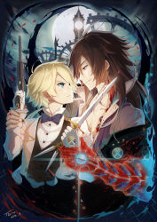 2boys ahoge april_fools blonde_hair blood blue_eyes blush bow bowtie brown_hair character_request cloud earrings eye_contact full_moon gears gloves gun highres holding_another&#039;s_wrist jewelry long_hair looking_at_another male_focus moon multiple_boys night night_sky original popped_collar signature sky smile tel-o tower weapon white_gloves yaoi yoiyami_no_epigraph