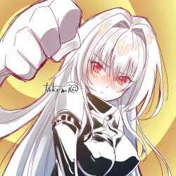 1girl :c azur_lane bare_shoulders black_dress blush breasts clenched_hand commentary_request covered_erect_nipples dress embarrassed hair_intakes konjiki_no_yami long_hair looking_at_viewer medium_breasts partial_commentary red_eyes signature simple_background solo takemi_mochi to_love-ru to_love-ru_darkness upper_body very_long_hair yellow_background