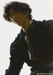 1boy absurdres adam&#039;s_apple black_eyes black_hair black_shirt character_request chimmyming closed_mouth collared_shirt copyright_request expressionless grey_necktie highres light lips long_sleeves looking_at_viewer male_focus necktie parted_bangs shadow shirt short_hair simple_background solo upper_body watermark weibo_watermark white_background
