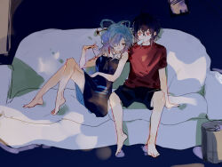 Rule 34 | 2girls, alternate costume, barefoot, black dress, black shorts, blue eyes, blue hair, breasts, cerevevisiae, closed mouth, commentary request, couch, dress, flat chest, food in mouth, full body, hair between eyes, hair ornament, hair over one eye, hair rings, hair stick, hand on another&#039;s shoulder, highres, indoors, kaku seiga, medium breasts, miyako yoshika, multiple girls, popsicle, popsicle in mouth, purple hair, red eyes, red shirt, shirt, shorts, sitting, smile, sundress, t-shirt, touhou