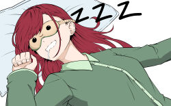 1girl 21gh absurdres blindfold castle_knight_charlotte collared_shirt green_shirt highres long_hair lying on_back pillow red_hair saliva saliva_trail shirt simple_background sleeping solo virtual_youtuber waktaverse white_background zzz