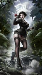 1girl absurdres artist_name belt black_belt black_boots black_gloves black_hair black_jacket black_necktie black_skirt black_suspenders black_thighhighs blunt_bangs blurry blurry_background blurry_foreground boots breasts building closed_mouth cloud cloudy_sky commentary commission english_commentary eyeshadow falling_leaves flower forest formal_clothes full_body gloves grey_eyes half_gloves highres holding holding_flower jacket lace lace-trimmed_thighhighs lace_trim large_breasts leaf looking_to_the_side makeup miniskirt nature necktie original outdoors pale_skin panties patreon_username red_flower red_lips red_panties red_rose river rose shirt short_hair skindentation skirt sky solo standing standing_on_one_leg suit thighhighs twitter_username underwear vilkichan white_shirt