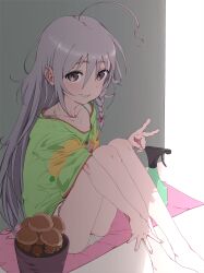 1girl absurdres ahoge bare_legs barefoot bottle bouen braid collarbone commentary_request feet_out_of_frame food_print green_shirt grey_eyes grey_hair hair_between_eyes highres hoshi_syoko huge_ahoge idolmaster idolmaster_cinderella_girls knees_to_chest knees_together_feet_apart light_blush long_hair looking_at_viewer mushroom on_ground open_mouth oversized_clothes oversized_shirt panties shirt side_braid single_braid sitting smile solo spray_bottle underwear v very_long_hair