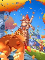 1boy 1girl autumn_leaves blonde_hair blue_sky brown_fur day dixie_kong donkey_kong donkey_kong_(series) falling_leaves furry furry_female furry_male grass hat highres leaf long_hair looking_at_viewer looking_back maribou_(supermaribou) necktie nintendo outdoors pink_hat red_necktie sky tree windmill