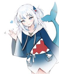 1girl absurdres blue_eyes blue_hair blush closed_mouth collarbone fins fish_tail gawr_gura heart highres hololive hololive_english long_hair long_sleeves looking_at_viewer shark_girl shark_tail simple_background smile solo tail virtual_youtuber vivianvalenart waving white_background white_hair