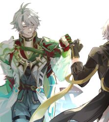 Rule 34 | 2boys, antenna hair, armor, arrow (symbol), artist name, back, black choker, black coat, black gloves, blue cape, blue eyes, caelus (honkai: star rail), cape, choker, clenched hand, coat, cowboy shot, fingerless gloves, fingernails, floating clothes, glitch, gloves, grey hair, grey pants, hair between eyes, hand up, highres, honkai: star rail, honkai (series), hood, hooded coat, jacket, long sleeves, looking at another, male focus, multiple boys, open mouth, ori soko, pants, phainon (honkai: star rail), short hair, shoulder armor, simple background, smile, standing, sun symbol, teeth, thigh strap, trailblazer (honkai: star rail), two-sided cape, two-sided fabric, white background, white jacket, yellow cape, yellow pupils