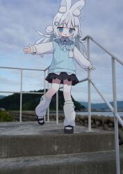Rule 34 | 1girl, :o, animal ear fluff, animal ears, black shoes, black skirt, blue bow, blue eyes, blue sky, blush, bow, cloud, cloudy sky, collared shirt, commentary request, day, double bun, grey hair, hair bun, hair ornament, hairclip, highres, long sleeves, loose socks, low twintails, nakkar, original, outdoors, parted lips, photo background, plaid bow, pleated skirt, puffy long sleeves, puffy sleeves, rabbit ears, shirt, shoes, skirt, sky, sleeves past wrists, socks, solo, standing, standing on one leg, sweat, sweater vest, twintails, v-shaped eyebrows, white shirt, white socks