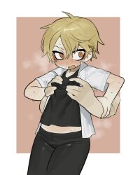 1boy androgynous bishounen black_pants blonde_hair blush breasts disembodied_hand eyelashes eyeliner grabbing_another&#039;s_breast groping gynecomastia high_school_boy highres hong_iltak makeup male_focus midriff pants parkgee red_eyeliner red_eyes sanpaku shirt short_hair short_sleeves small_breasts solo_focus sweat tsurime white_shirt