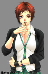 Rule 34 | 1girl, breasts, dead or alive, dead or alive 5, female focus, food, grey background, large breasts, looking at viewer, loose necktie, mila (doa), necktie, noriheita, pocky, red hair, short hair, simple background, solo, spaniard, spanish (nationality), tecmo