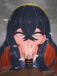 1boy 1girl :&gt;= black_hair breasts carmine_(pokemon) crossed_bangs fellatio fucked_silly hair_between_eyes hairband huge_breasts japanese_clothes kimono large_breasts long_hair long_mouth multicolored_hair nintendo oral penis pokemon pokemon_sv red_hair thick_lips two-tone_hair u_na_765