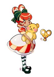 1girl black_pantyhose black_shoes blonde_hair bow child closed_mouth commentary_request cookie_run cookie_run:_ovenbreak dark-skinned_female dark_skin dot_nose dress from_above from_side full_body gentlemouse_(cookie_run) green_bow hair_behind_ear hair_bow highres holding holding_stuffed_toy humanization legs_together lollipop_cookie lv999ppbunny mary_janes medium_dress mouse_(animal) multicolored_hair own_hands_together pantyhose puffy_short_sleeves puffy_sleeves red_dress red_eyes red_hair shoes short_hair short_sleeves simple_background smile solo standing streaked_hair striped_clothes striped_dress striped_pantyhose stuffed_animal stuffed_toy teddy_bear two-tone_hair two-tone_pantyhose v_arms white_background white_pantyhose yellow_dress