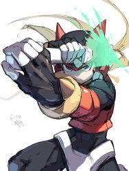 1boy armor blonde_hair cowboy_shot dated energy_sword helmet highres holding long_hair male_focus mega_man_(series) mega_man_zero_(series) omochi_(mochi_skymega) red_armor red_helmet simple_background solo sword weapon white_background z_saber zero(z)_(mega_man) zero_(mega_man)