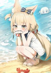 2girls absurdres animal_ear_fluff animal_ears beach blue_bow blue_eyes blue_hair bow cat_ears closed_mouth dress fang fins fish_girl fish_in_mouth fish_tail gawr_gura go-sai_tamanegi hair_bow hair_ornament highres hololive hololive_english indie_virtual_youtuber kaniki_(sameko_saba) lifebuoy_hair_ornament long_hair looking_at_viewer low_twintails mouth_hold multicolored_hair multiple_girls one_side_up sameko_saba sand shark_hair_ornament skin_fang sleeveless sleeveless_dress smile solo streaked_hair tail twintails two_side_up very_long_hair virtual_youtuber voice_actor_connection water white_dress