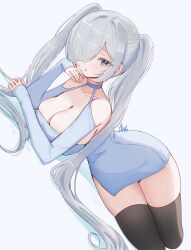 1girl absurdres ash_(cat7evy) bare_shoulders black_thighhighs blue_dress blush breasts cinderella_(nikke) detached_sleeves dress goddess_of_victory:_nikke grey_eyes grey_hair highres large_breasts long_hair looking_at_viewer lying on_side simple_background solo thighhighs very_long_hair white_background