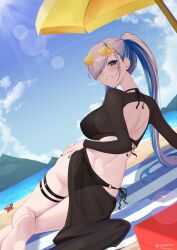 1girl absurdres alternate_costume arm_support ass back barefoot beach beach_umbrella bikini black_bikini black_sarong black_shirt blue_eyes blue_hair blue_nails blue_sky breasts bright_pupils colored_inner_hair commentary crab cropped_shirt day dutch_angle earrings english_commentary eyewear_on_head fanged_bangs from_behind girarikyo gradient_nails green_nails grey_hair grin hair_over_one_eye halterneck hand_on_own_hip highres hololive hololive_indonesia jewelry large_breasts lens_flare long_hair long_sleeves looking_at_viewer looking_back median_furrow multicolored_hair nail_polish o-ring o-ring_bikini outdoors paid_reward_available pavolia_reine sarong see-through_clothes see-through_sarong see-through_shirt shirt shoulder_blades side-tie_bikini_bottom sky smile soles solo string_bikini sunglasses swept_bangs swimsuit thigh_strap tinted_eyewear twintails umbrella very_long_hair virtual_youtuber white_pupils yellow-tinted_eyewear